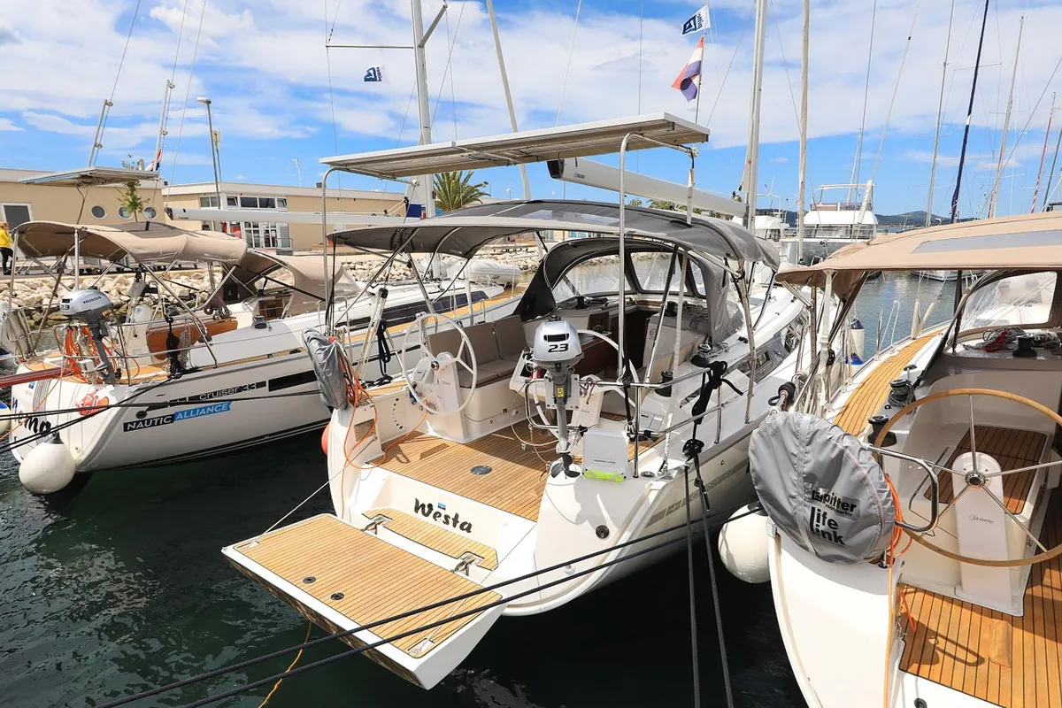 Exterior view of Westa, a Bavaria Cruiser 37 sailboat at Grad Biograd na Moru, Croatia