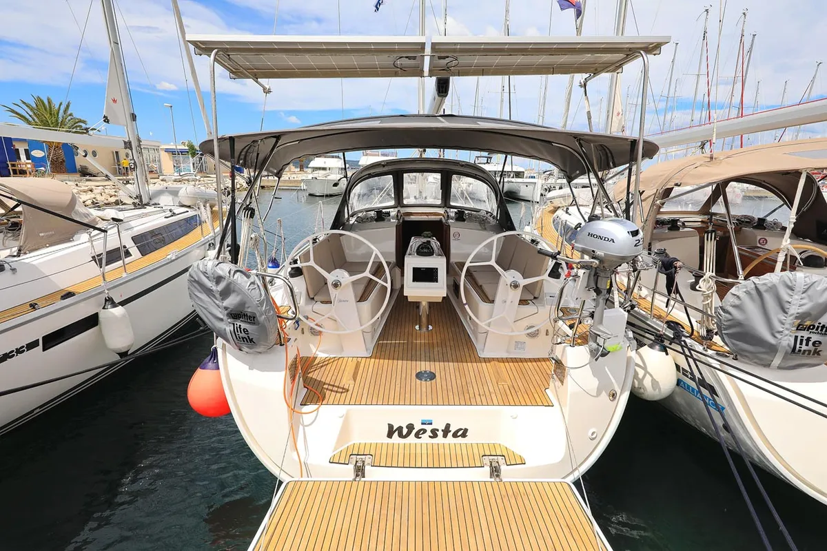 Exterior view of Westa, a Bavaria Cruiser 37 sailboat at Grad Biograd na Moru, Croatia