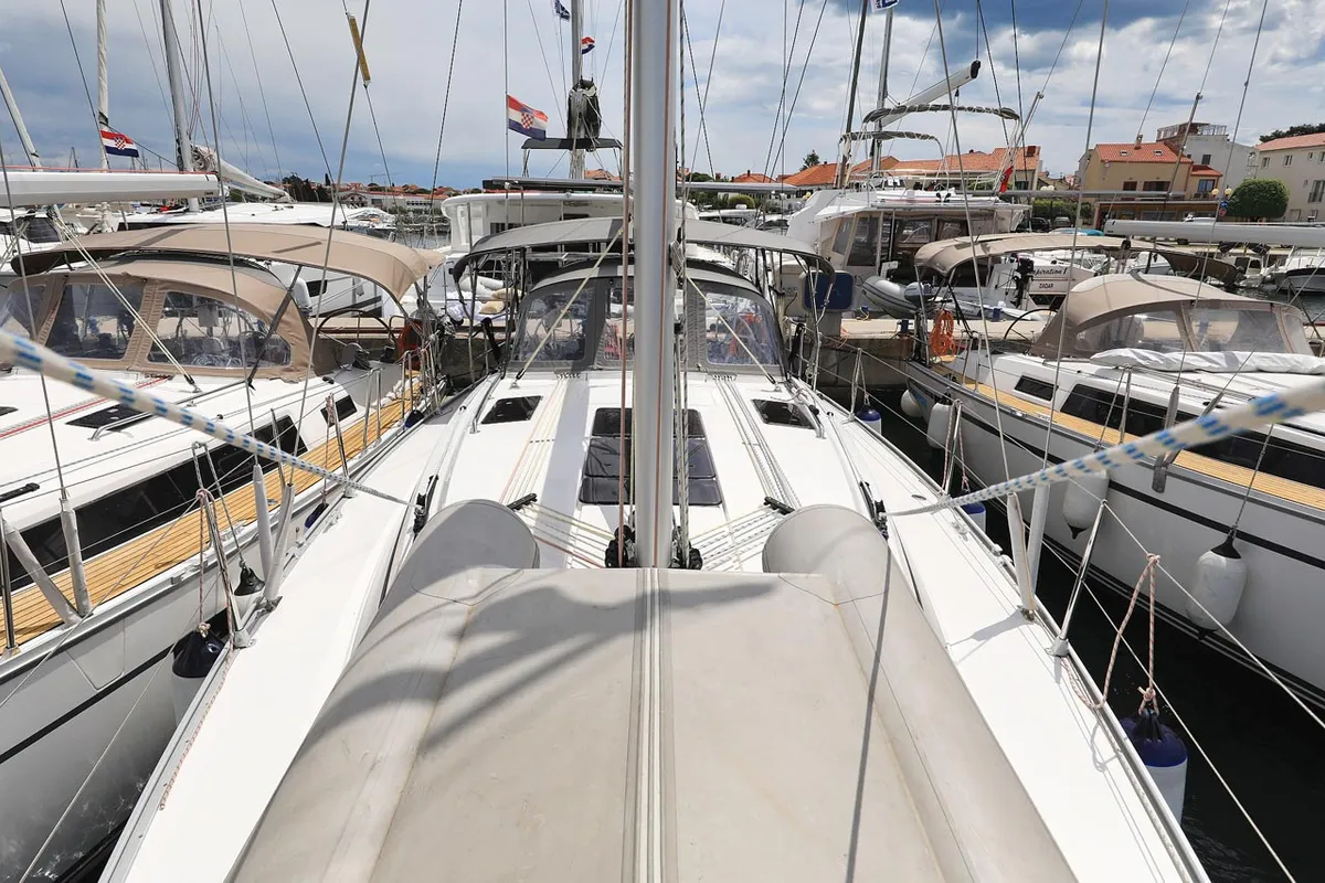 Deck of Westa, a Bavaria Cruiser 37 sailboat at Grad Biograd na Moru, Croatia