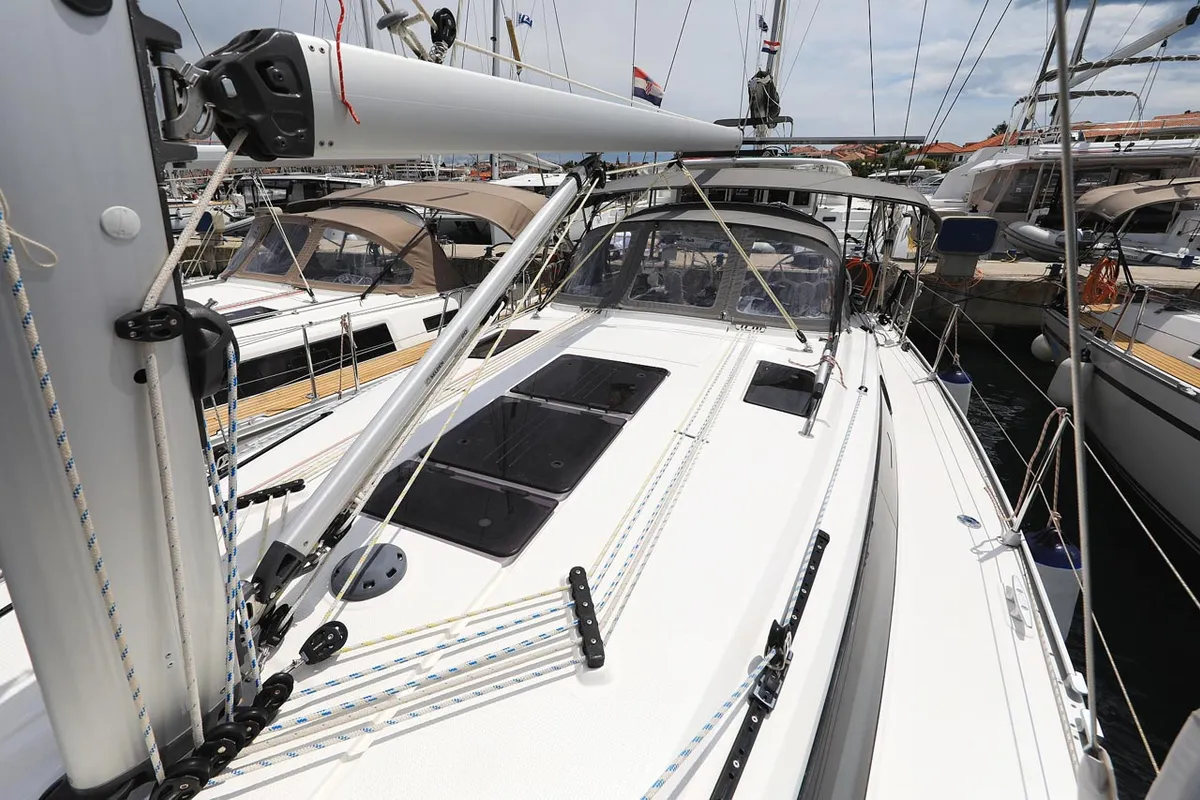 Deck of Westa, a Bavaria Cruiser 37 sailboat at Grad Biograd na Moru, Croatia