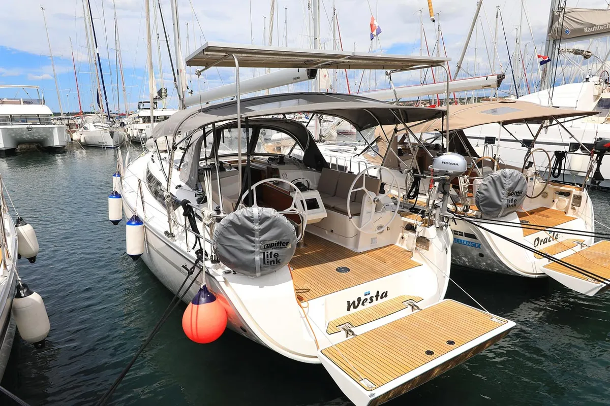 Exterior view of Westa, a Bavaria Cruiser 37 sailboat at Grad Biograd na Moru, Croatia