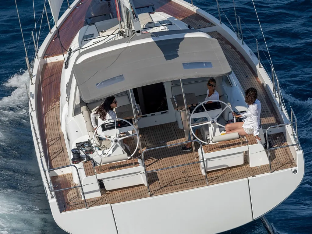 Exterior view of Philia, a Beneteau Oceanis 54 sailboat at es Jonquet, Spain