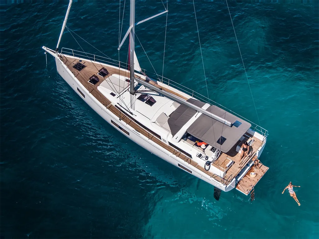 Exterior view of Philia, a Beneteau Oceanis 54 sailboat at es Jonquet, Spain