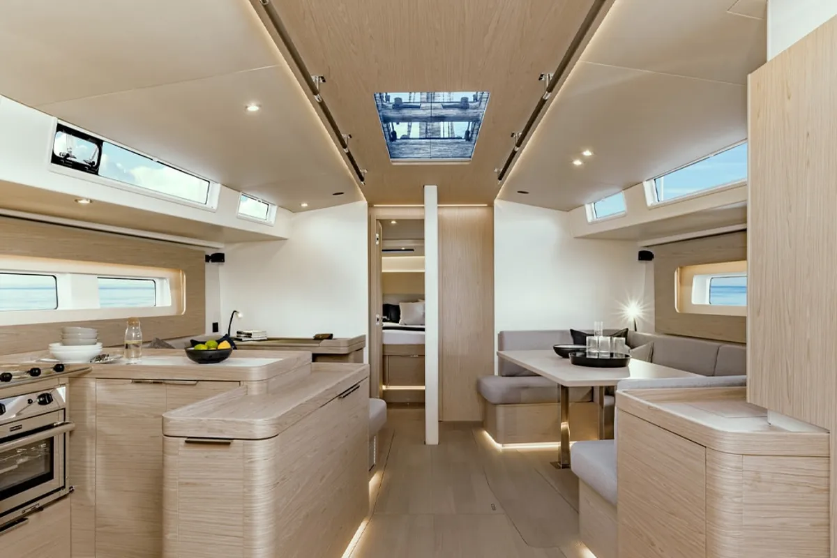 Salon of Philia, a Beneteau Oceanis 54 sailboat at es Jonquet, Spain