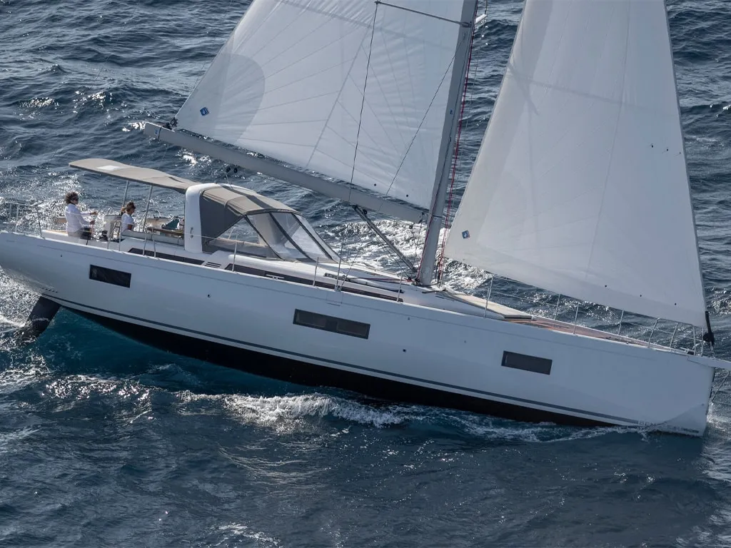 Exterior view of Philia, a Beneteau Oceanis 54 sailboat at es Jonquet, Spain