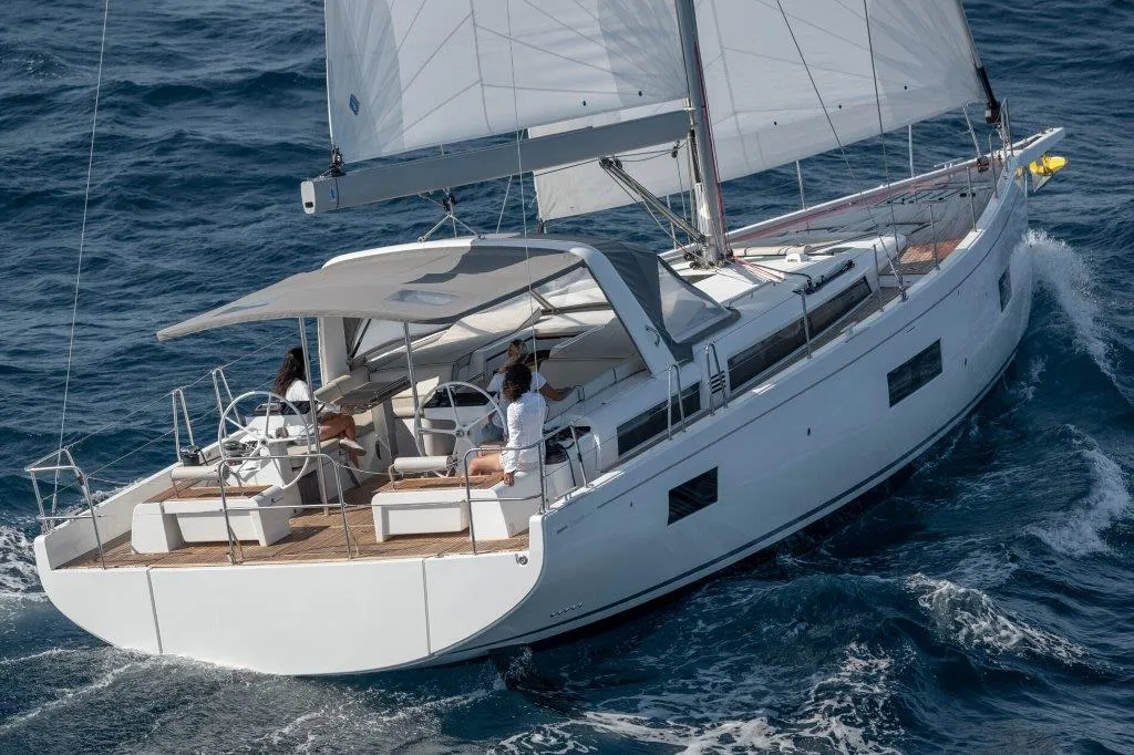 Exterior view of Philia, a Beneteau Oceanis 54 sailboat at es Jonquet, Spain