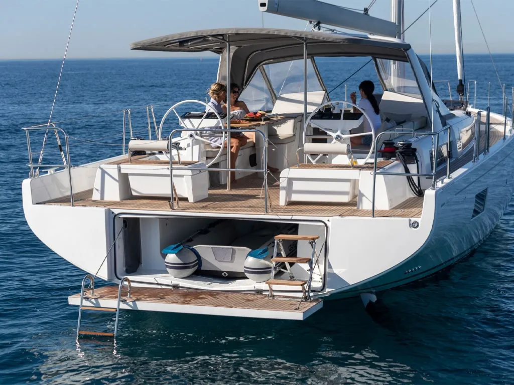Exterior view of Philia, a Beneteau Oceanis 54 sailboat at es Jonquet, Spain