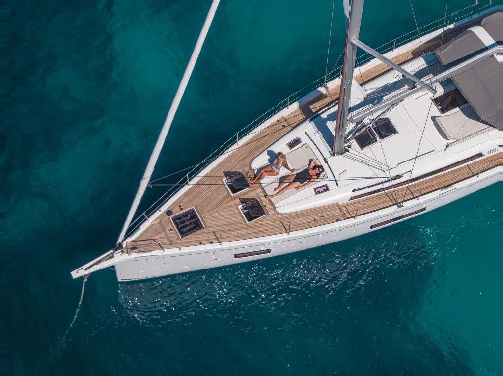 Deck of Philia, a Beneteau Oceanis 54 sailboat at es Jonquet, Spain