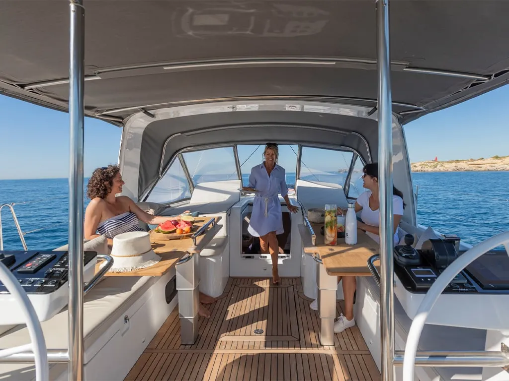 Deck of Philia, a Beneteau Oceanis 54 sailboat at es Jonquet, Spain