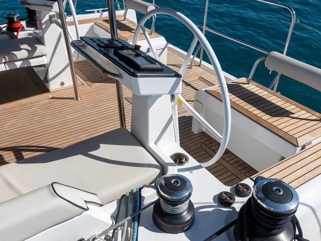Cockpit of Philia, a Beneteau Oceanis 54 sailboat at es Jonquet, Spain