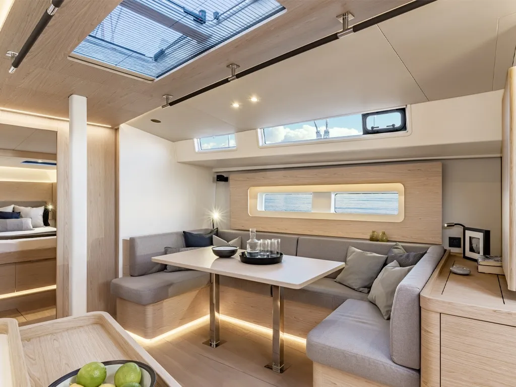 Salon of Philia, a Beneteau Oceanis 54 sailboat at es Jonquet, Spain