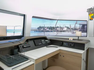 Cockpit of North Cat II, a Bali 4.1 catamaran at Sipias, Greece