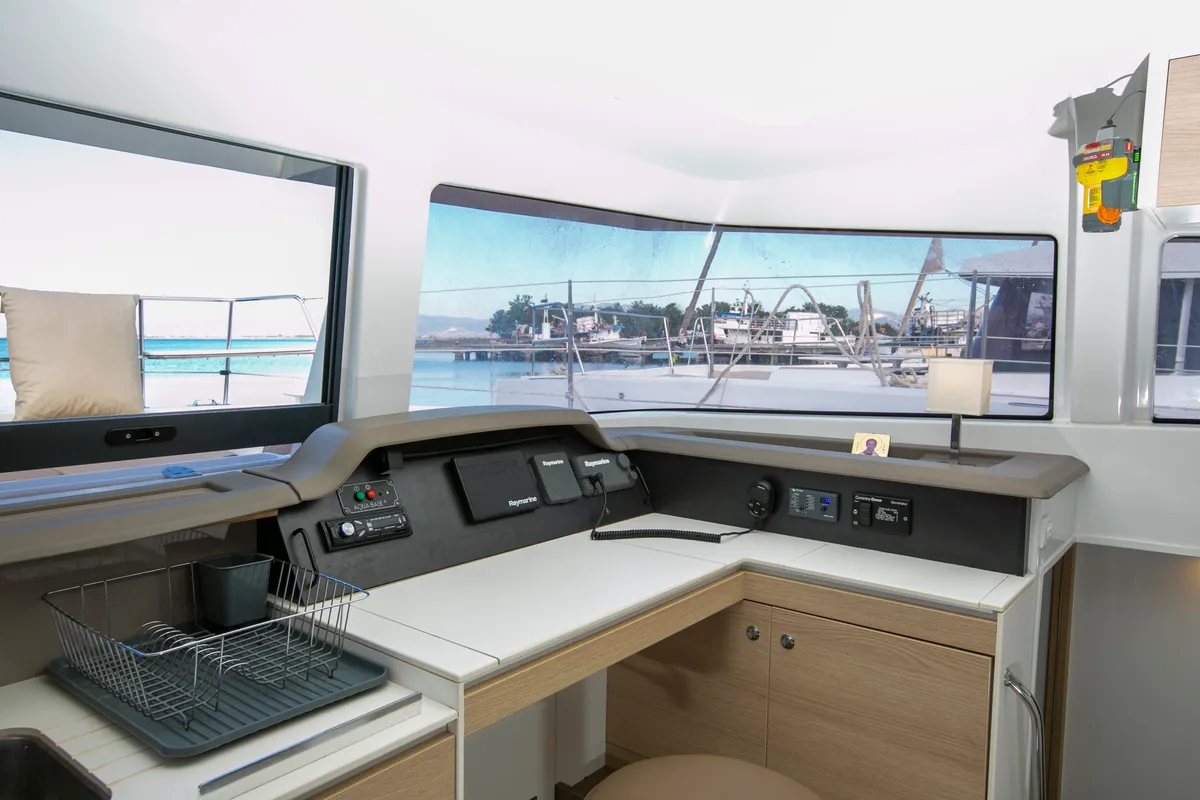 Cockpit of North Cat II, a Bali 4.1 catamaran at Sipias, Greece