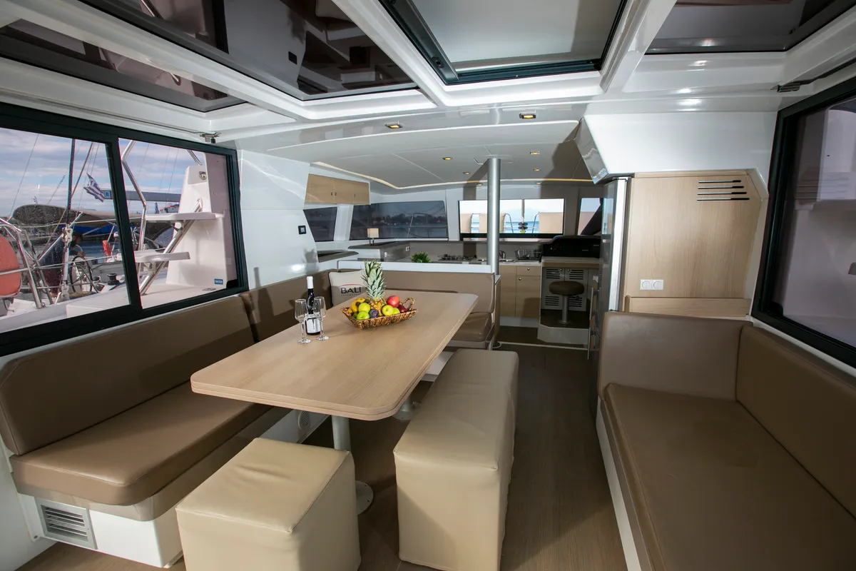 Salon of North Cat II, a Bali 4.1 catamaran at Sipias, Greece