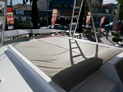 Deck of North Cat II, a Bali 4.1 catamaran at Sipias, Greece