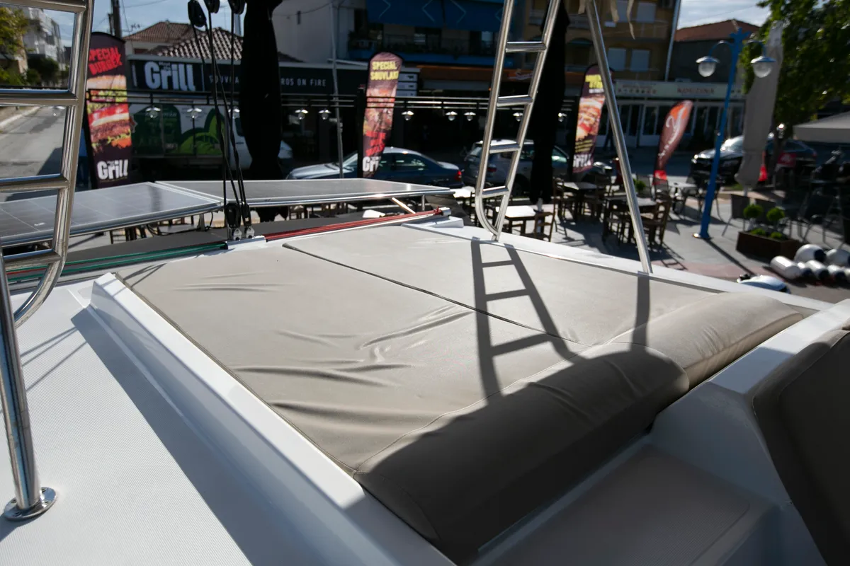 Deck of North Cat II, a Bali 4.1 catamaran at Sipias, Greece