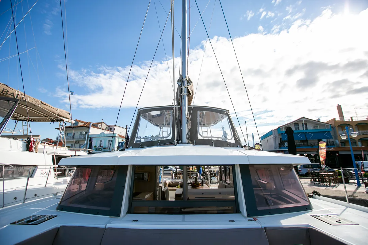 Exterior view of North Cat II, a Bali 4.1 catamaran at Sipias, Greece