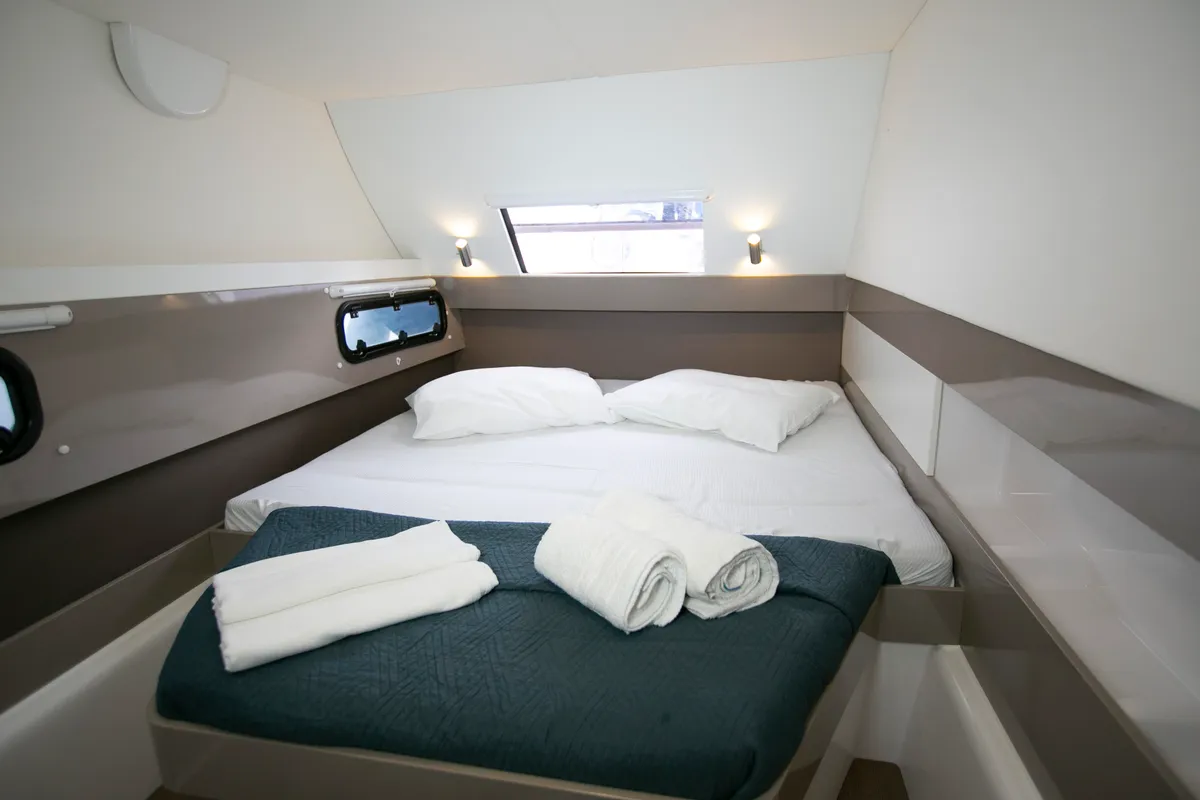 Cabin on North Cat II, a Bali 4.1 catamaran at Sipias, Greece