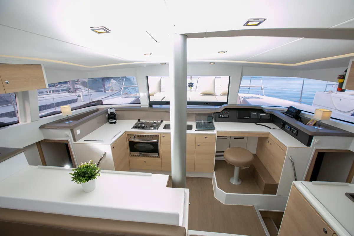 Salon of North Cat II, a Bali 4.1 catamaran at Sipias, Greece