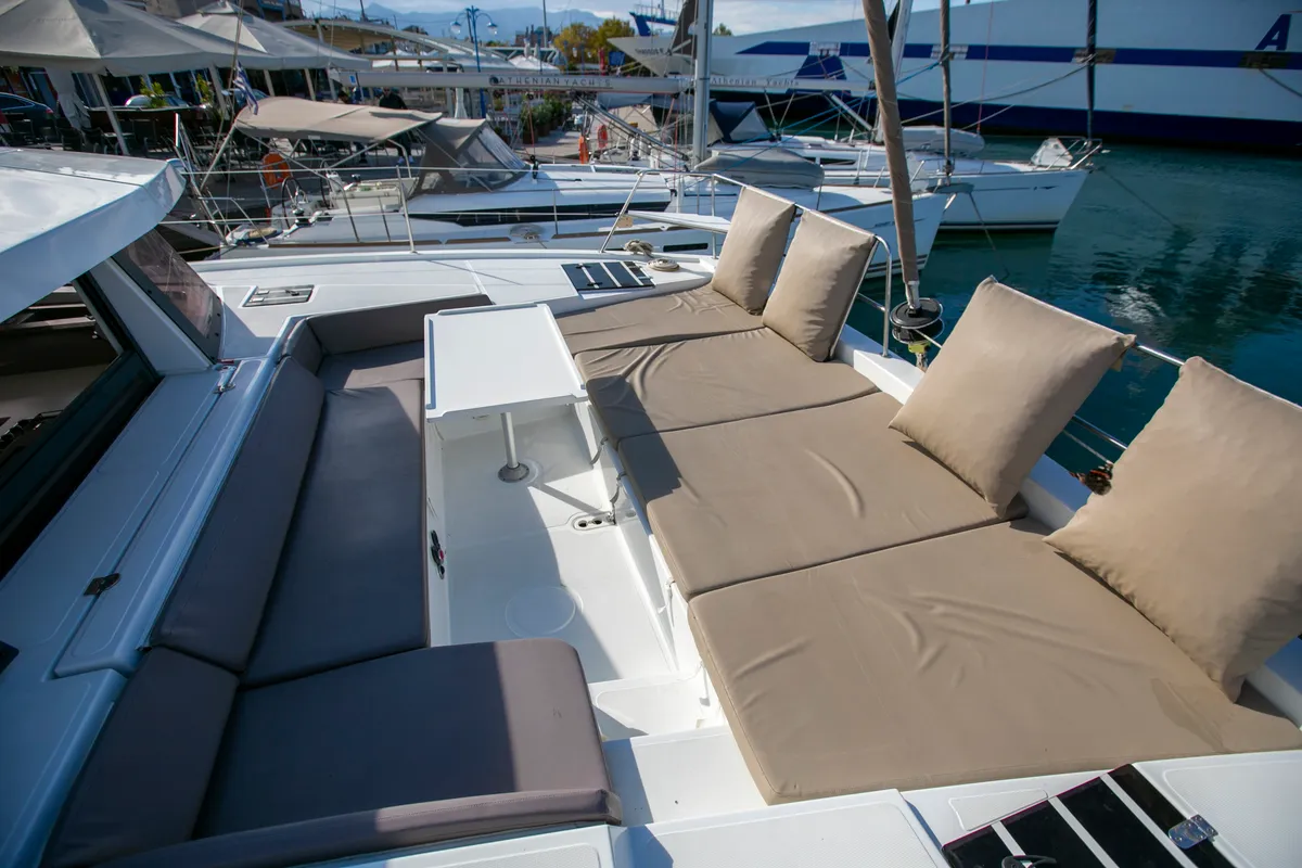 Deck of North Cat II, a Bali 4.1 catamaran at Sipias, Greece