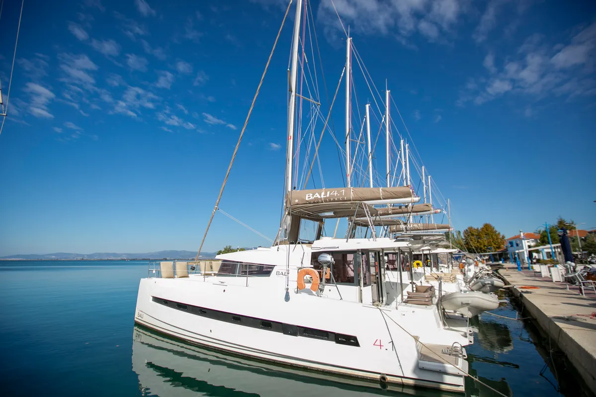 Exterior view of North Cat II, a Bali 4.1 catamaran at Sipias, Greece