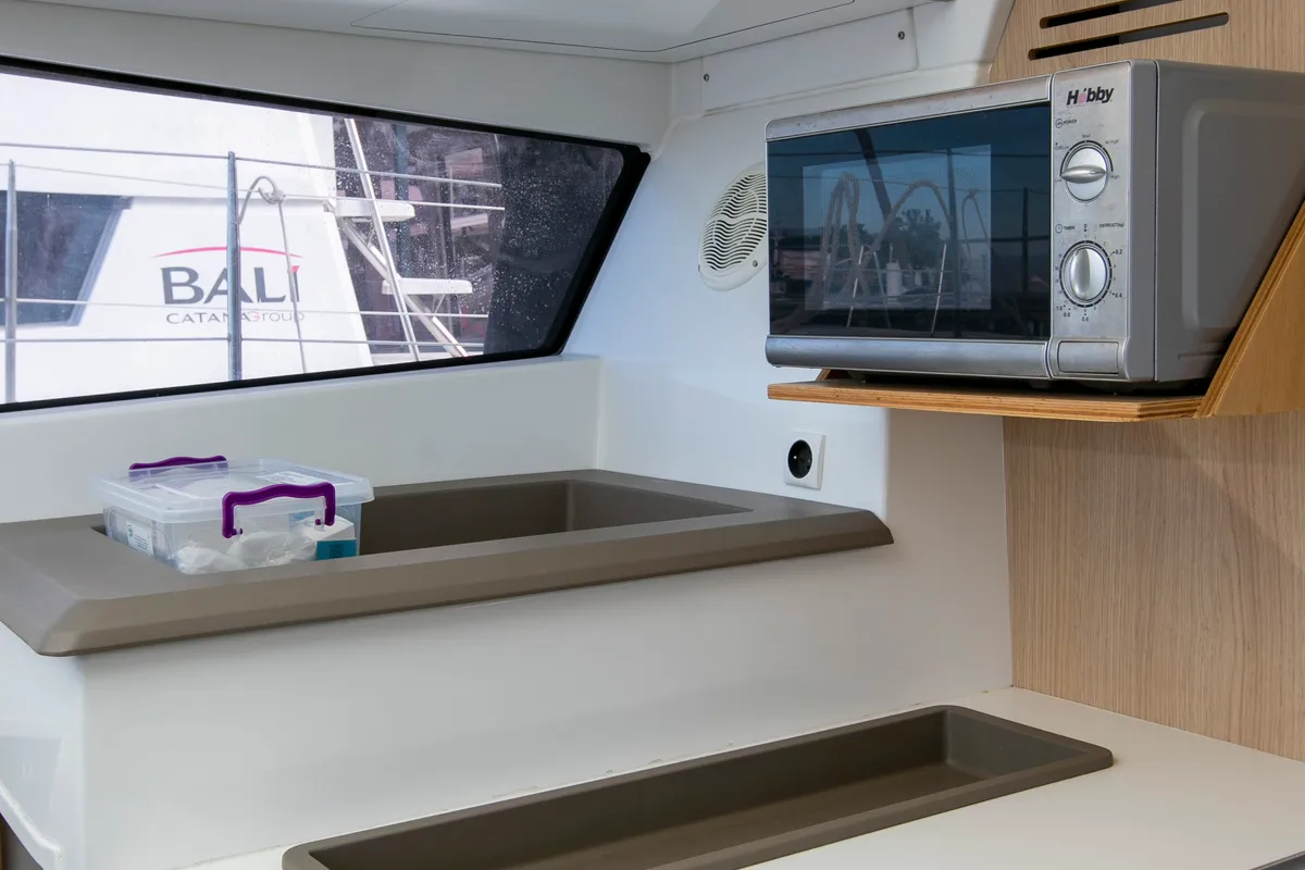 Galley of North Cat II, a Bali 4.1 catamaran at Sipias, Greece