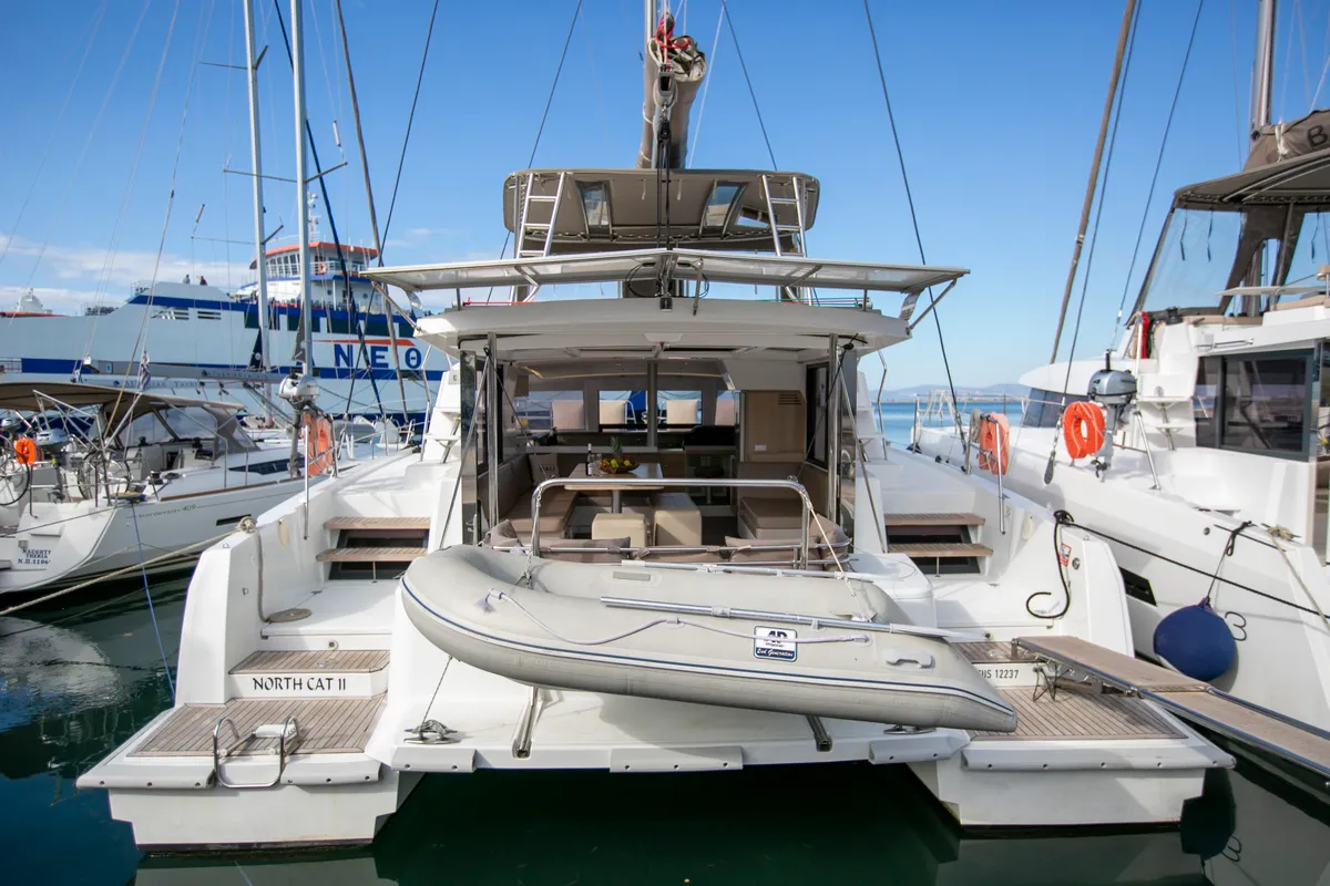Exterior view of North Cat II, a Bali 4.1 catamaran at Sipias, Greece