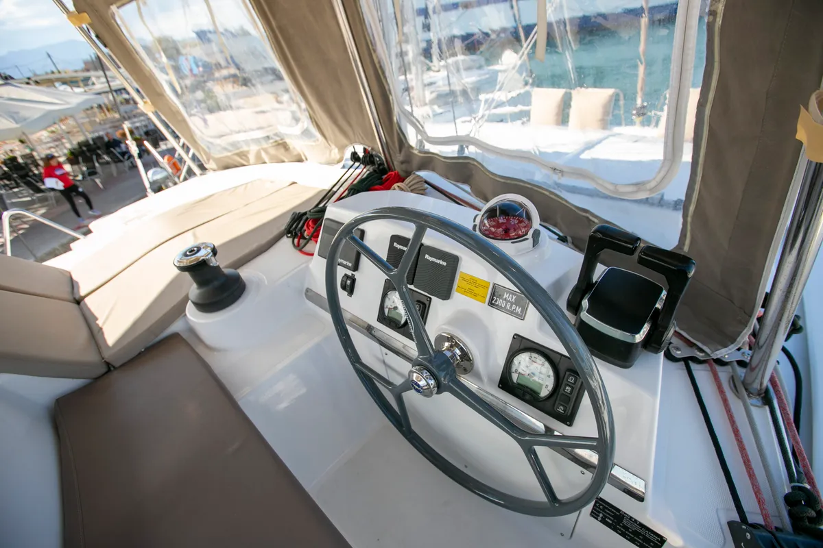 Cockpit of North Cat II, a Bali 4.1 catamaran at Sipias, Greece