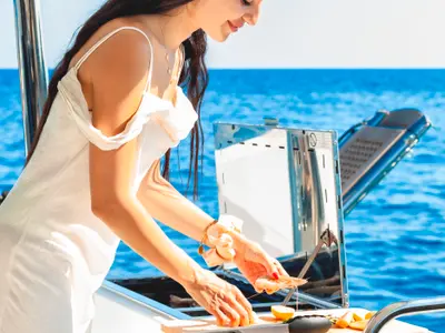 Deck of Amante, a Fountaine Pajot Aura 51 catamaran at Rhodes, Greece