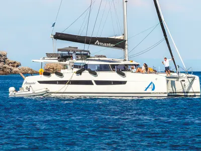 Exterior view of Amante, a Fountaine Pajot Aura 51 catamaran at Rhodes, Greece