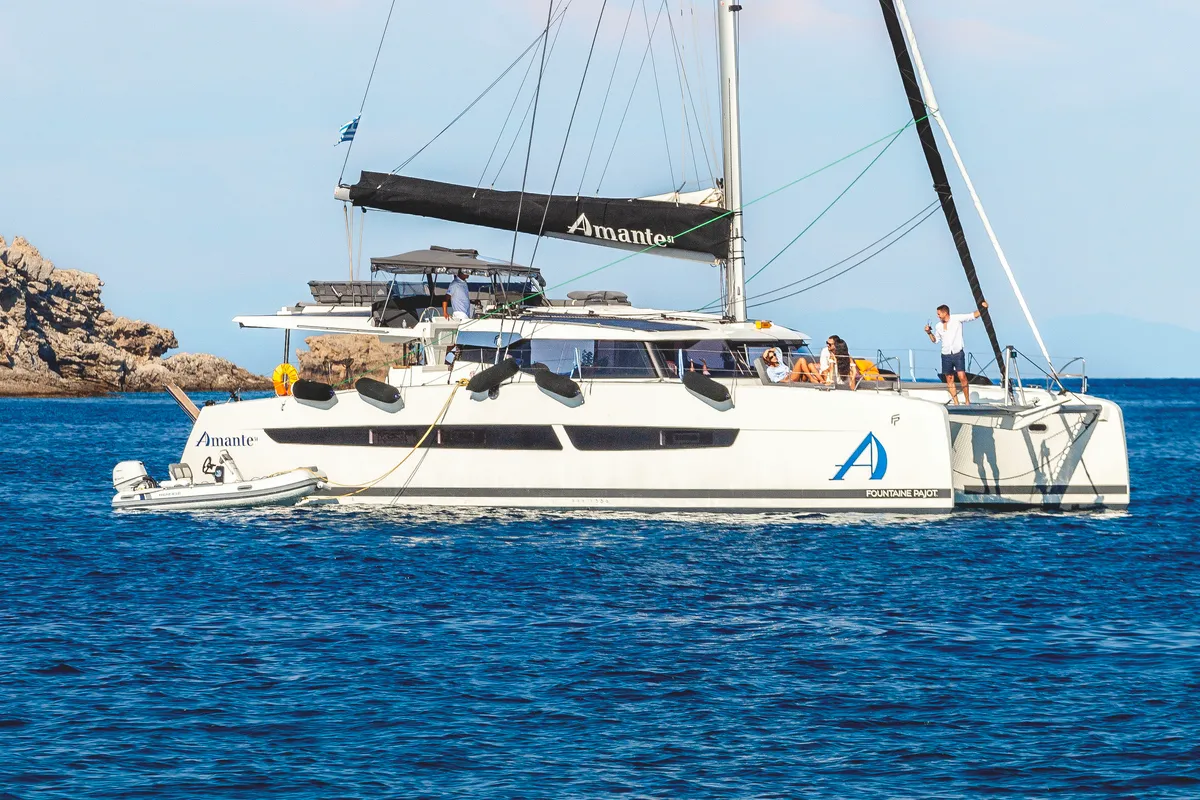 Exterior view of Amante, a Fountaine Pajot Aura 51 catamaran at Rhodes, Greece