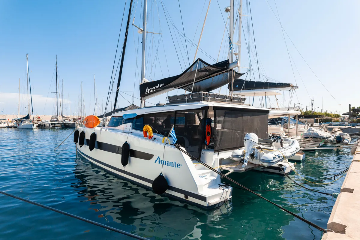 Exterior view of Amante, a Fountaine Pajot Aura 51 catamaran at Rhodes, Greece
