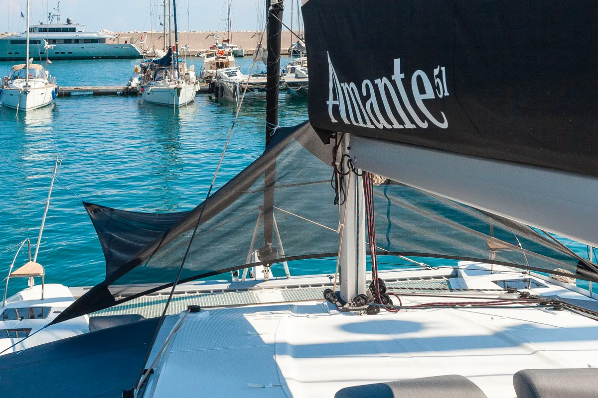 Deck of Amante, a Fountaine Pajot Aura 51 catamaran at Rhodes, Greece