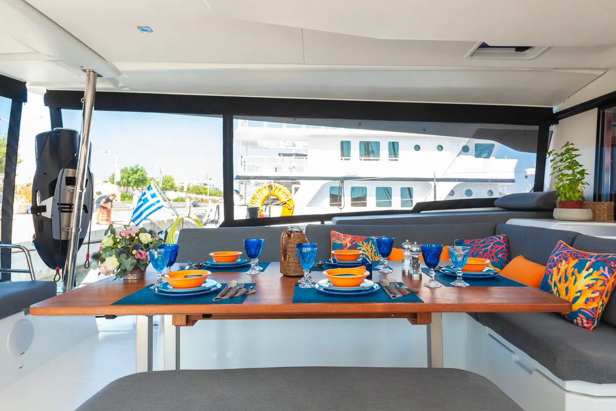 Salon of Amante, a Fountaine Pajot Aura 51 catamaran at Rhodes, Greece