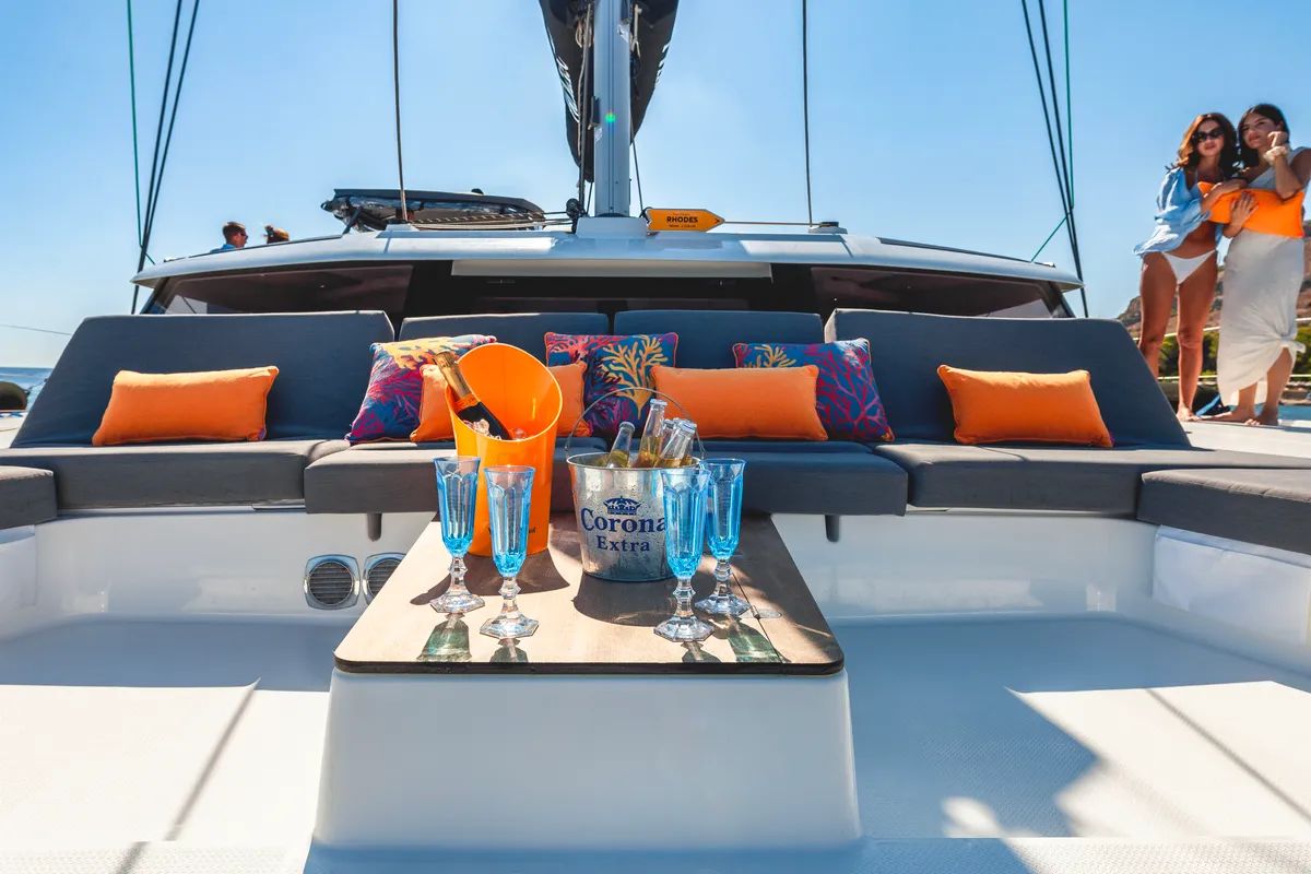 Deck of Amante, a Fountaine Pajot Aura 51 catamaran at Rhodes, Greece