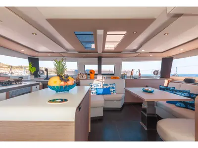 Salon of Amante, a Fountaine Pajot Aura 51 catamaran at Rhodes, Greece