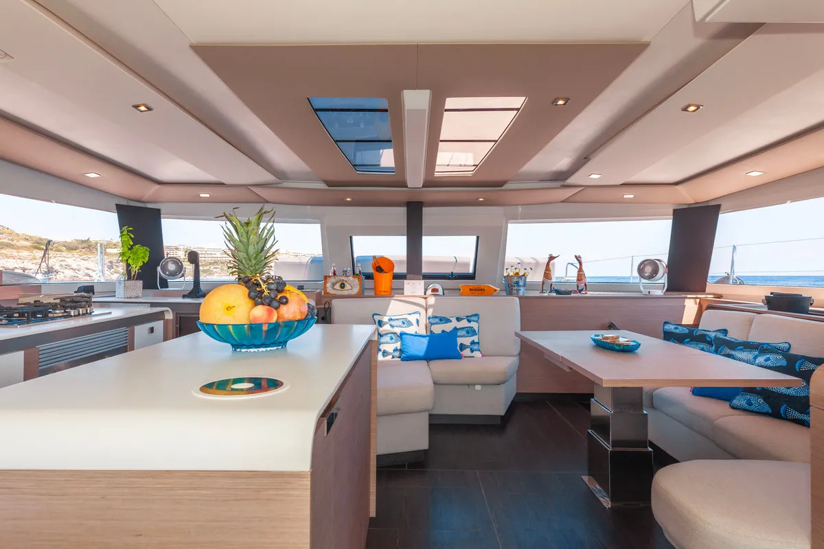 Salon of Amante, a Fountaine Pajot Aura 51 catamaran at Rhodes, Greece