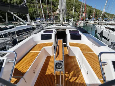 Deck of Audrey, a Hanse 455 sailboat at Dubrovnik, Croatia