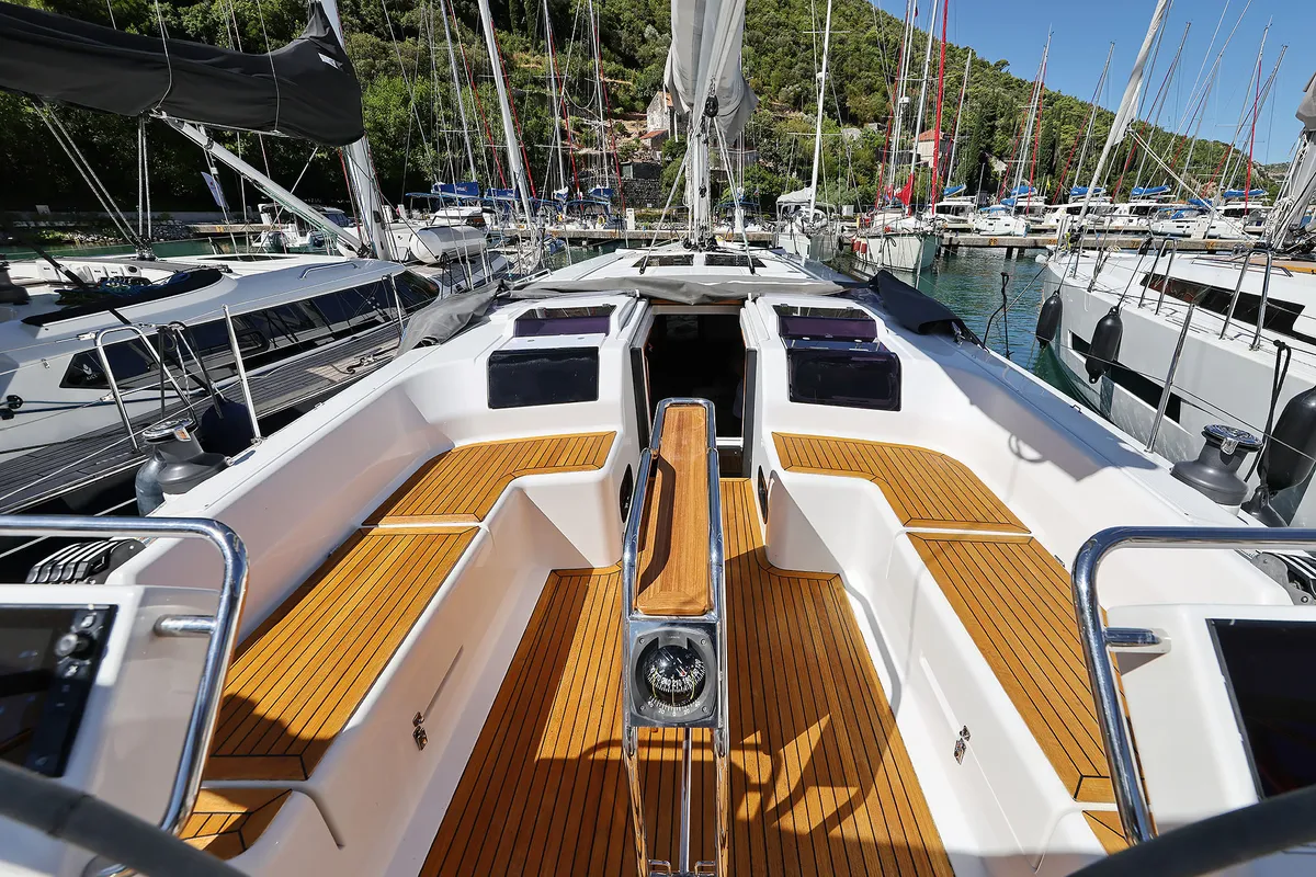 Deck of Audrey, a Hanse 455 sailboat at Dubrovnik, Croatia