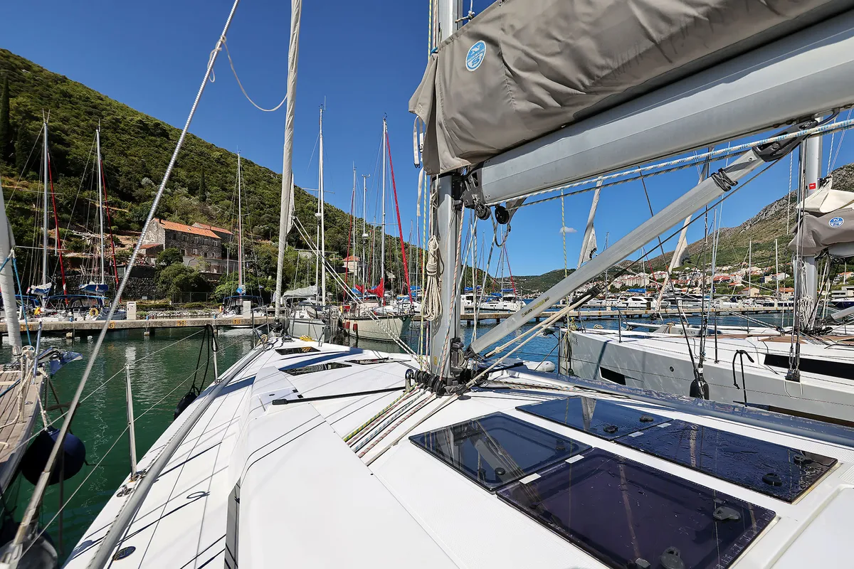 Deck of Audrey, a Hanse 455 sailboat at Dubrovnik, Croatia