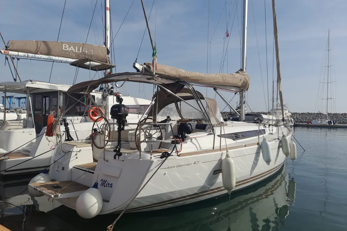 Exterior view of Mira, a Jeanneau Sun Odyssey 439 sailboat at Salerno, Italy