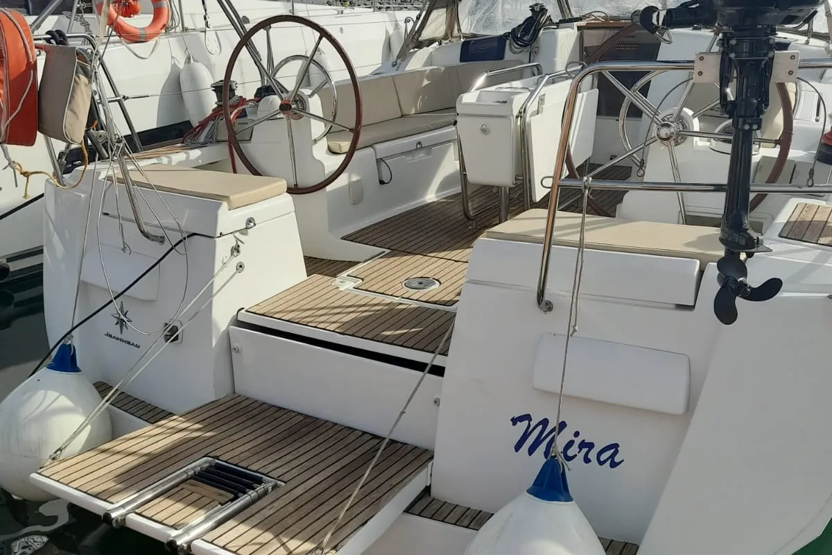 Cockpit of Mira, a Jeanneau Sun Odyssey 439 sailboat at Salerno, Italy