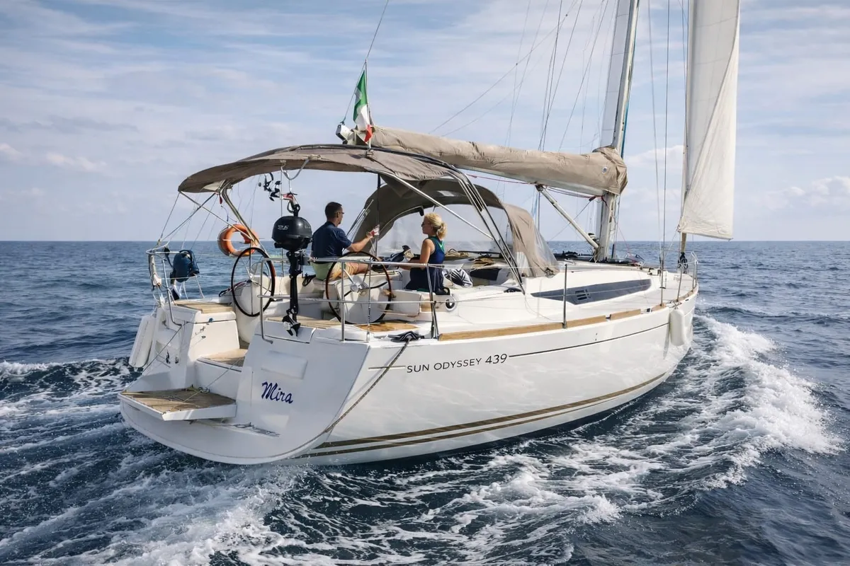 Exterior view of Mira, a Jeanneau Sun Odyssey 439 sailboat at Salerno, Italy