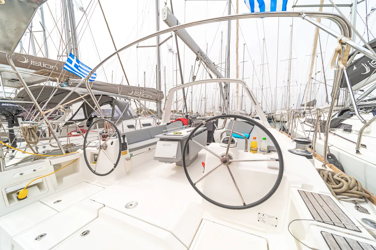 Cockpit of Huschel II, a Beneteau Oceanis 41 sailboat at Kos, Greece