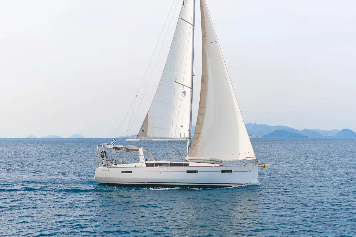 Exterior view of Huschel II, a Beneteau Oceanis 41 sailboat at Kos, Greece
