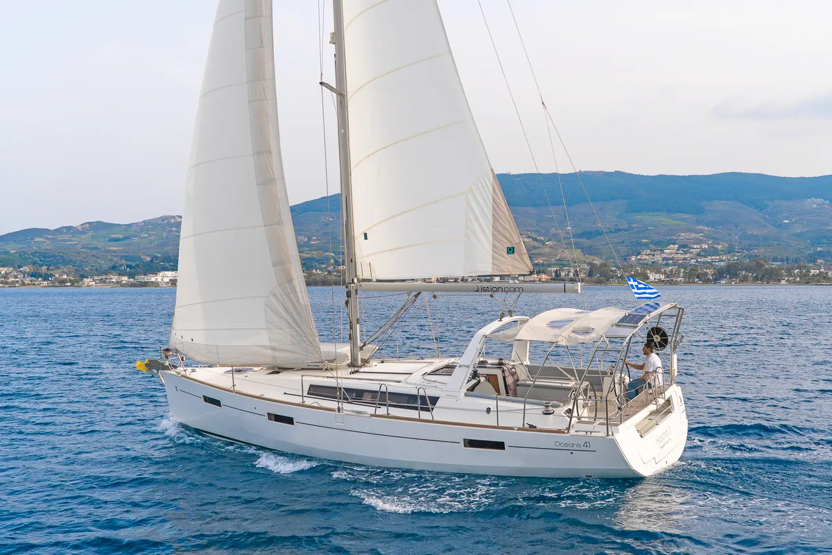 Exterior view of Huschel II, a Beneteau Oceanis 41 sailboat at Kos, Greece