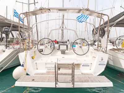 Deck of Huschel II, a Beneteau Oceanis 41 sailboat at Kos, Greece