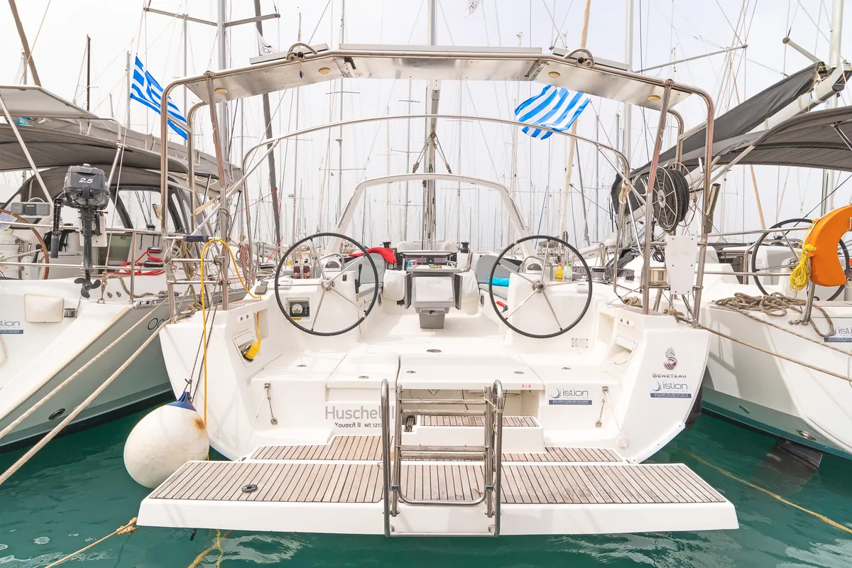 Deck of Huschel II, a Beneteau Oceanis 41 sailboat at Kos, Greece
