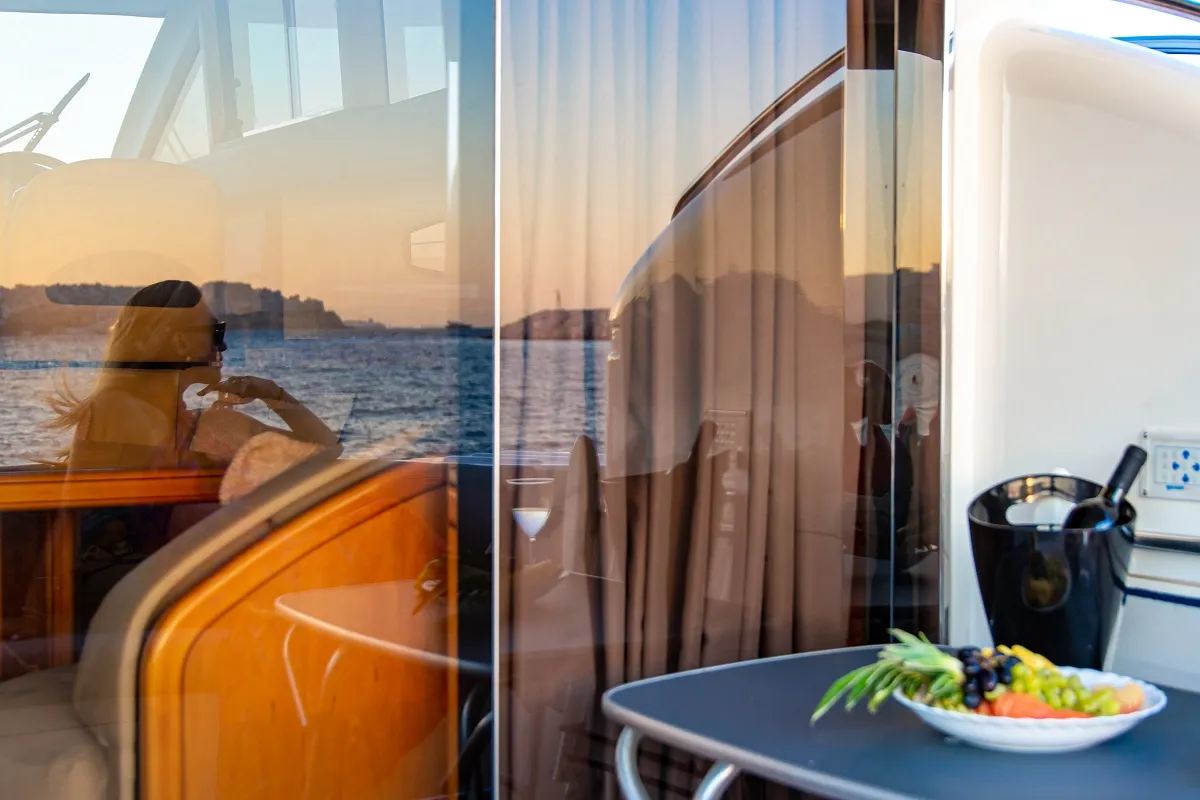 Deck of Carina, a Princess 45 motor yacht at Athens, Greece