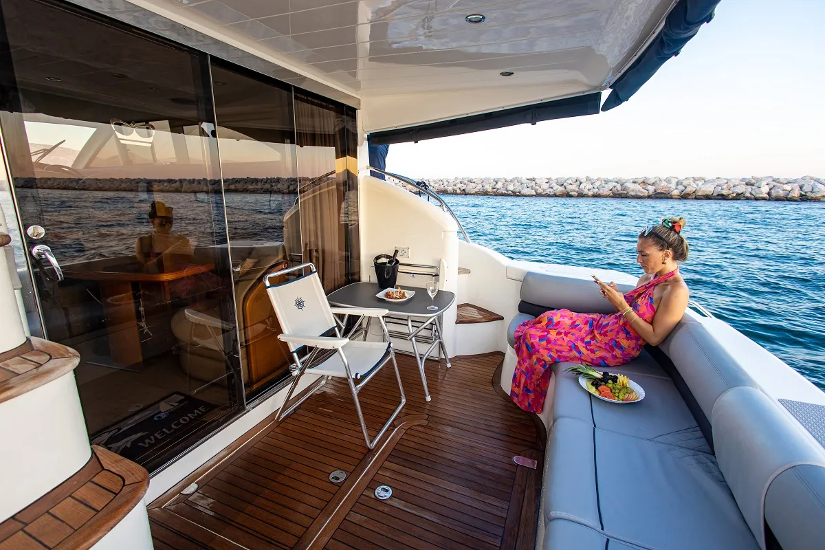 Deck of Carina, a Princess 45 motor yacht at Athens, Greece